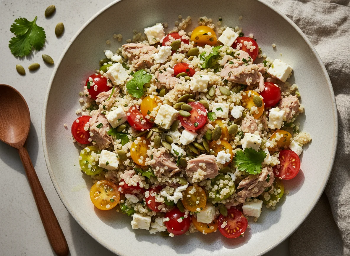 Ensalada de quinoa con atún, tomate cherry y queso feta photo