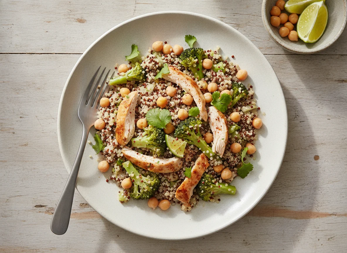 Ensalada de quinoa con brócoli, garbanzos y pollo photo