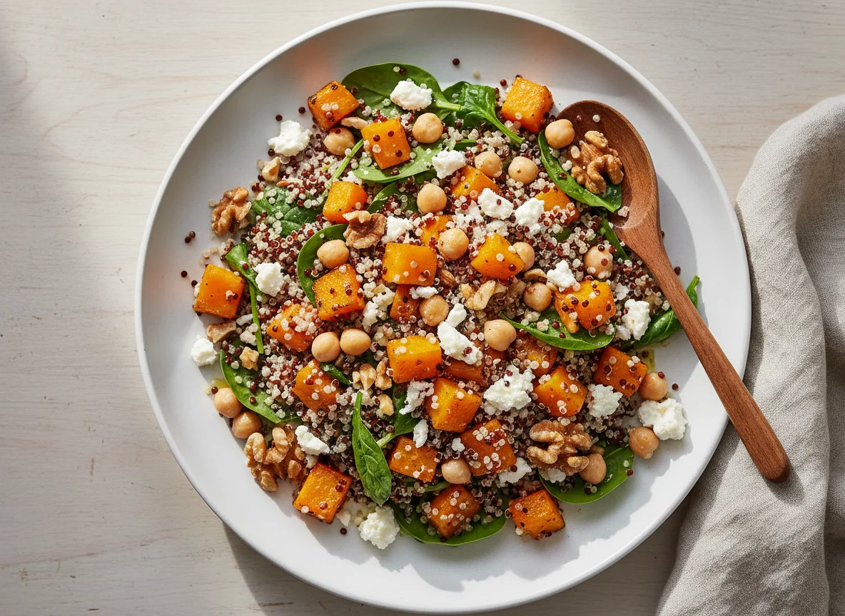 Ensalada de quinoa con calabaza, garbanzos y queso feta photo