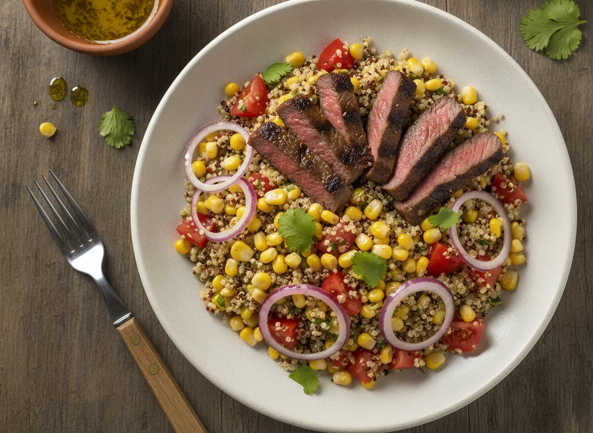 Ensalada de quinoa con choclo y carne asada photo