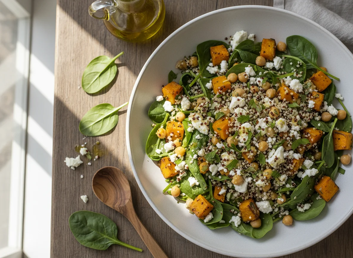 Ensalada de quinoa con feta y espinacas photo