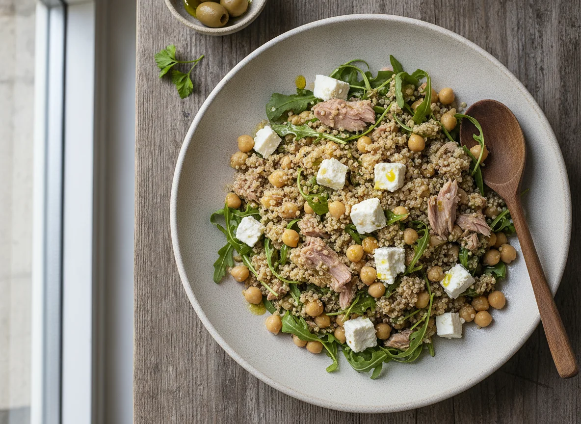 Ensalada de quinoa con garbanzos, atún y rúcula photo
