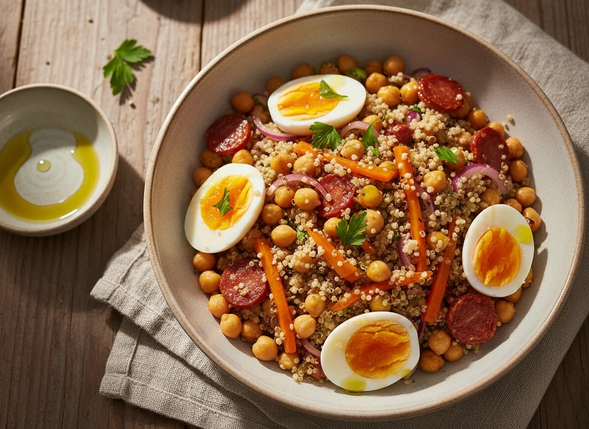 Ensalada de quinoa con garbanzos y huevo photo