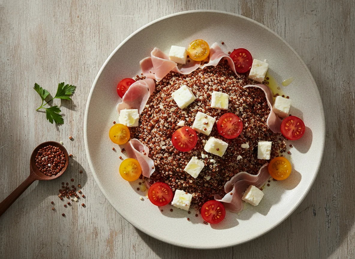 Ensalada de quinoa con jamón, queso y tomates cherry photo