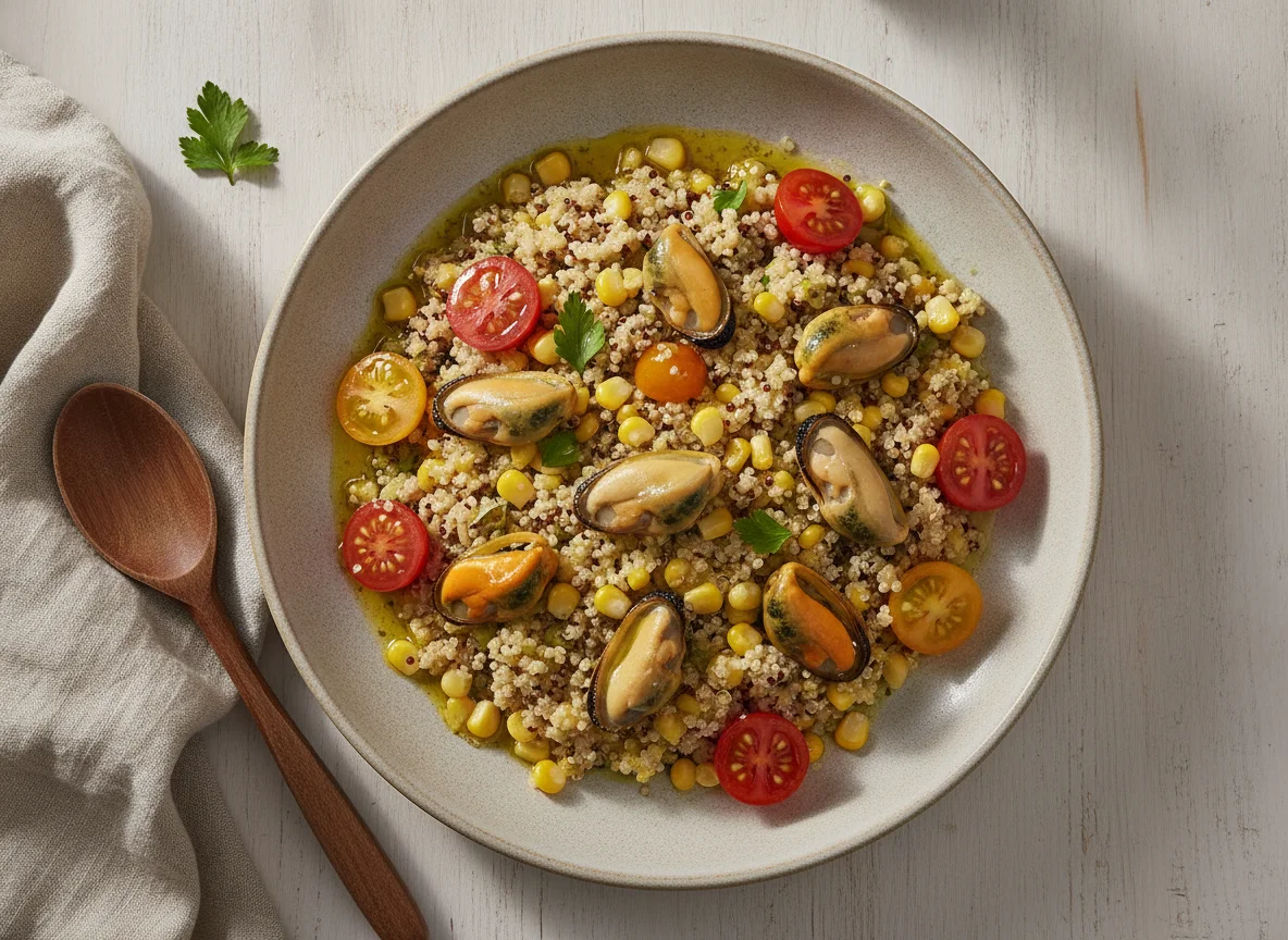 Ensalada de quinoa con mejillones y maíz photo