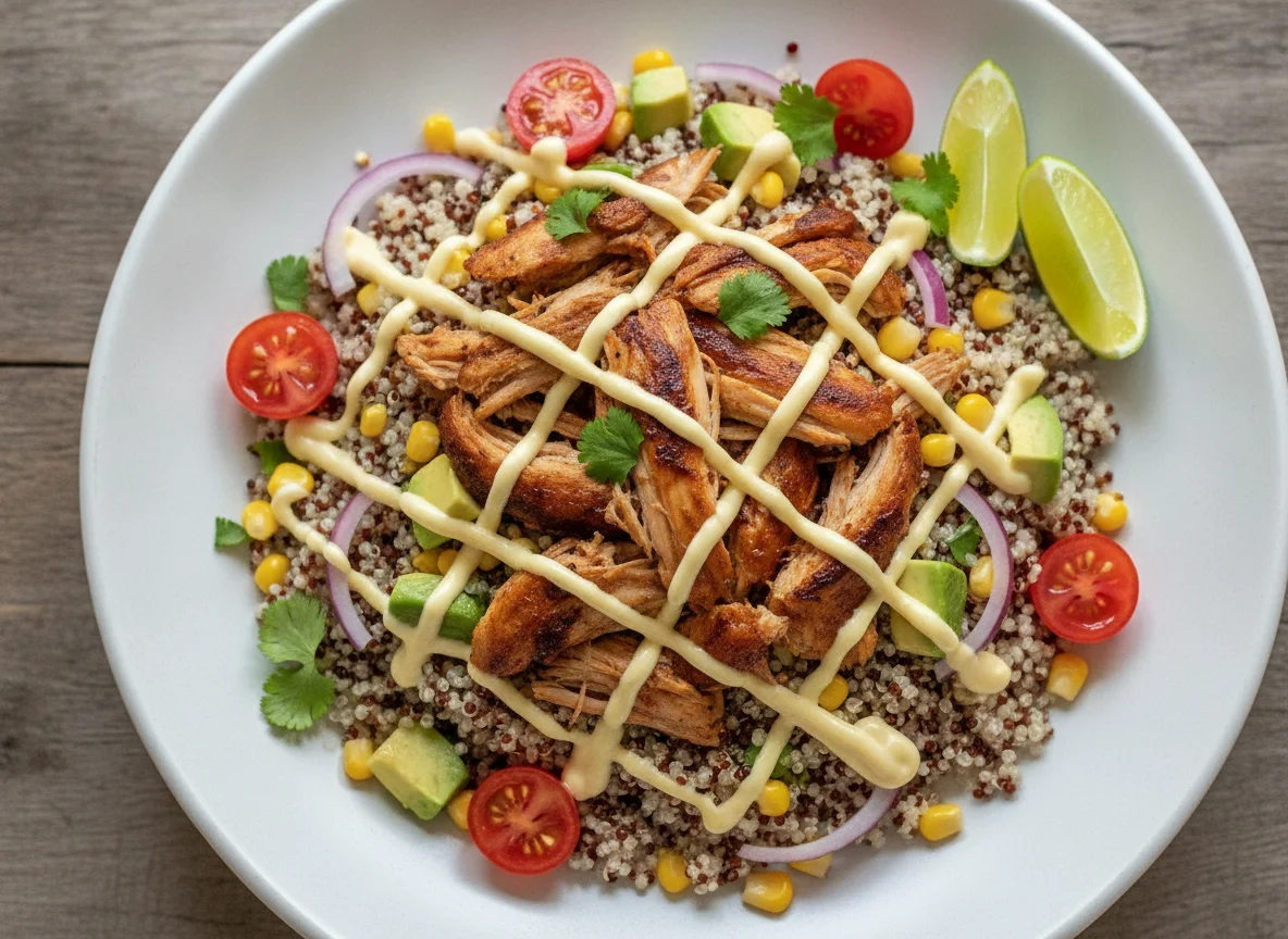 Ensalada de quinoa con pollo desmechado photo