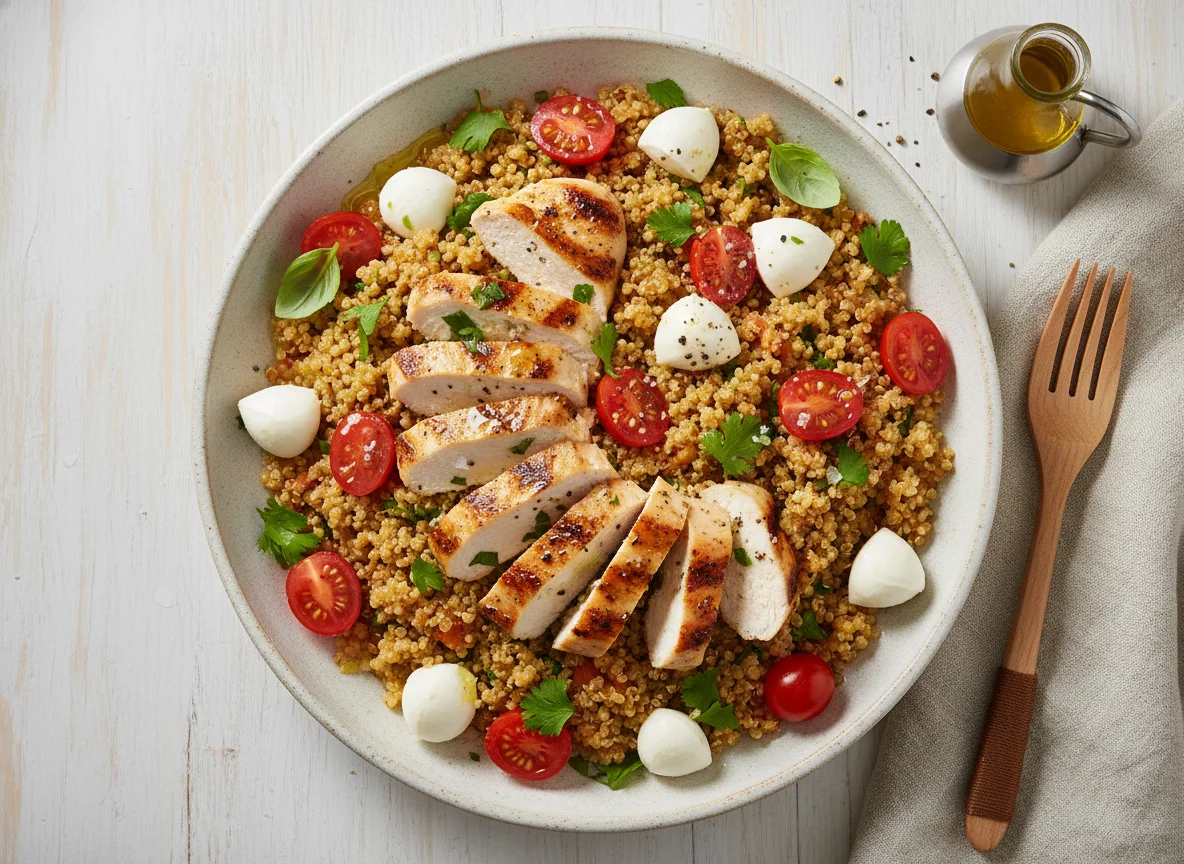 Ensalada de quinoa con pollo, tomate cherry y mozzarella photo