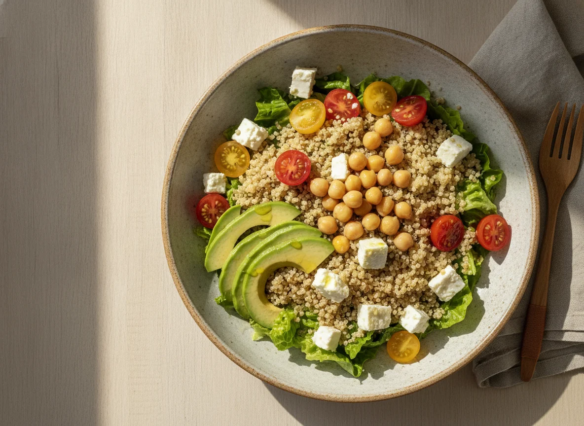 Ensalada de quinoa con queso y aguacate photo