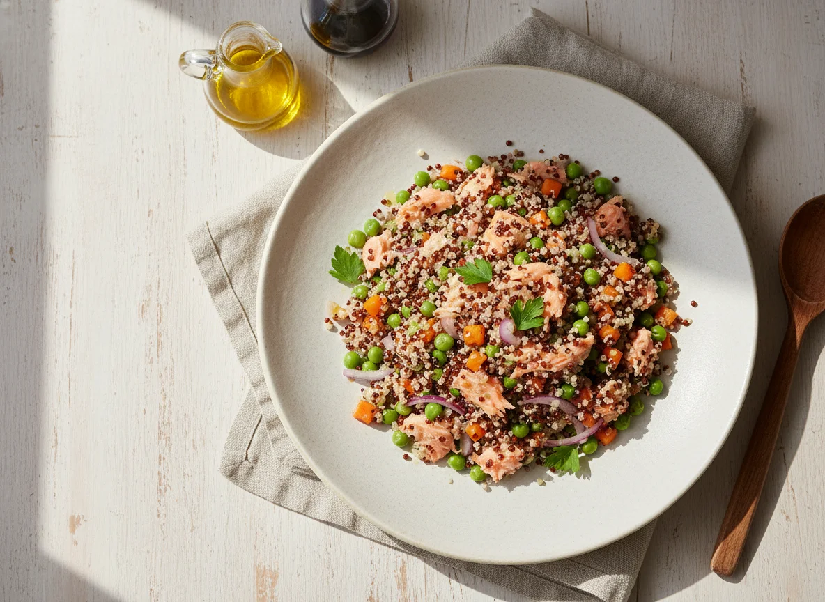 Ensalada de quinoa con verduras y salmón photo
