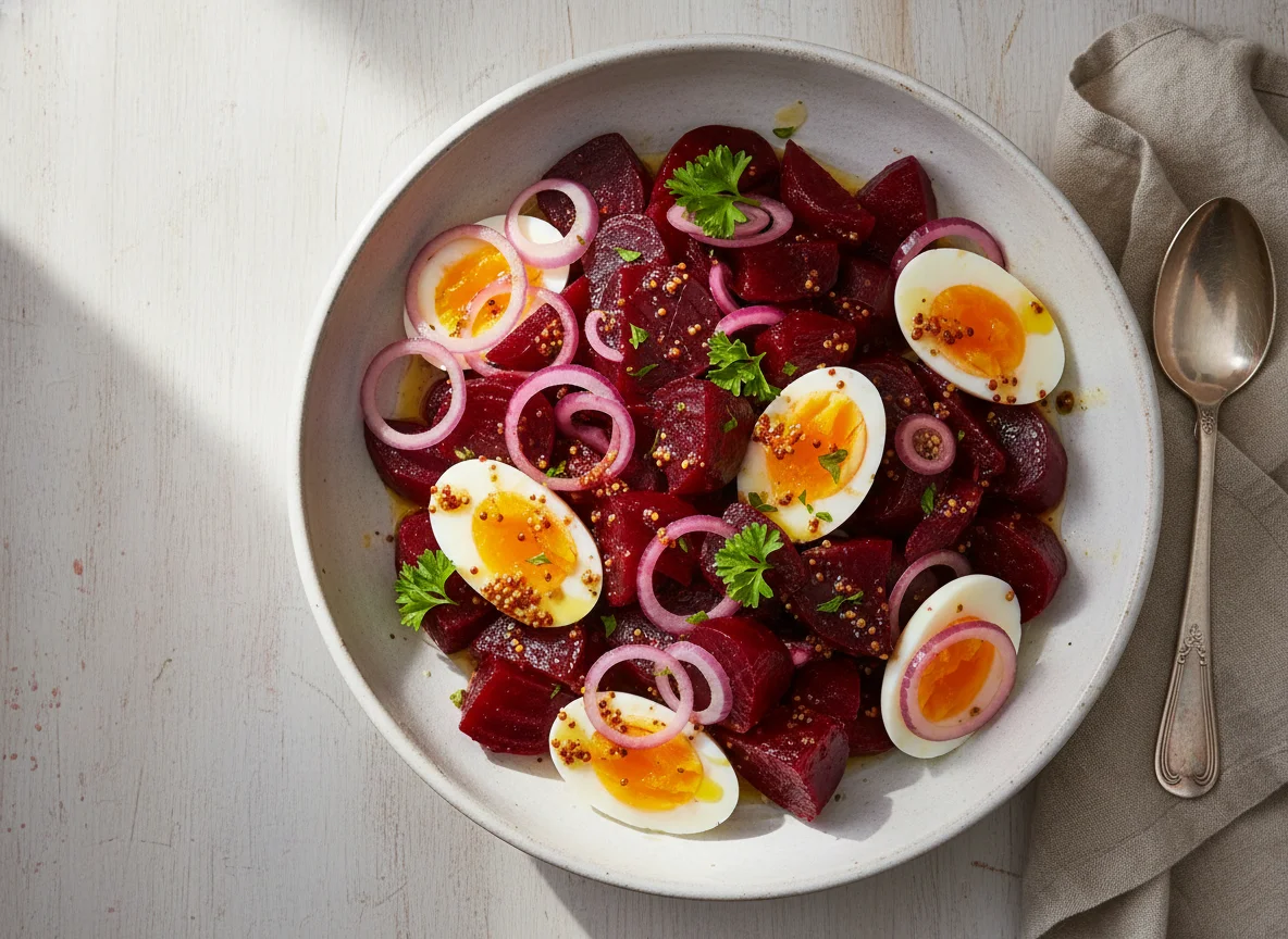 Ensalada de remolacha con huevo duro y vinagreta photo