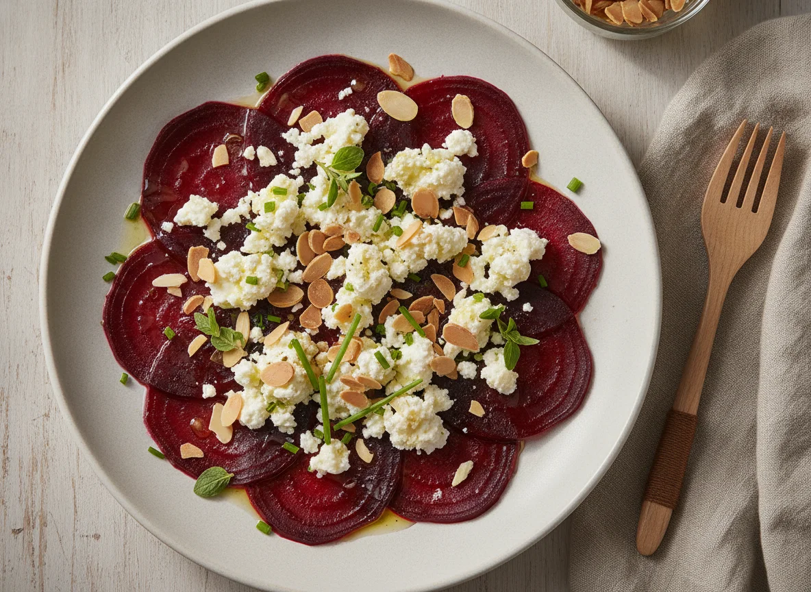 Ensalada de remolacha con queso y almendras photo