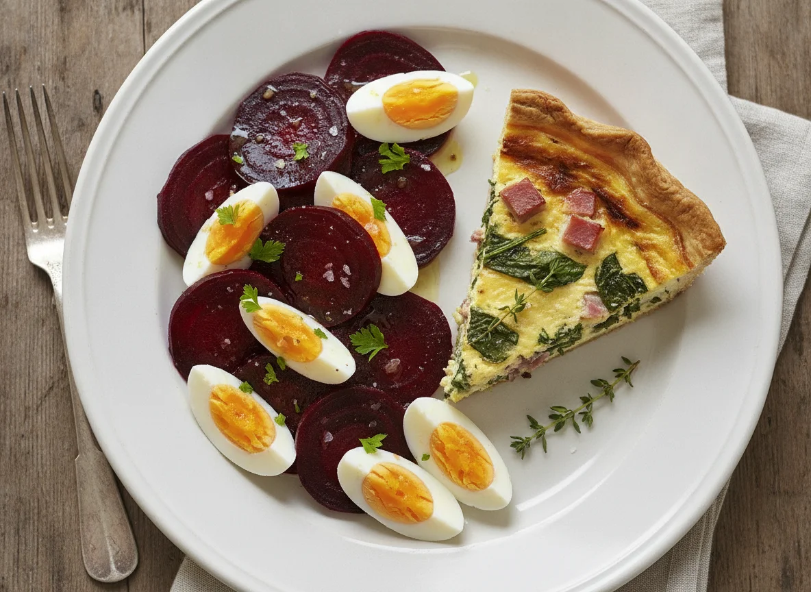 Ensalada de remolacha y huevo con tarta salada photo