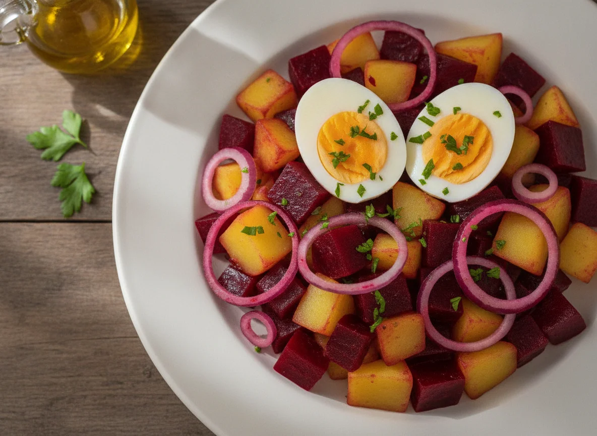 Ensalada de remolacha y patata con huevo cocido photo