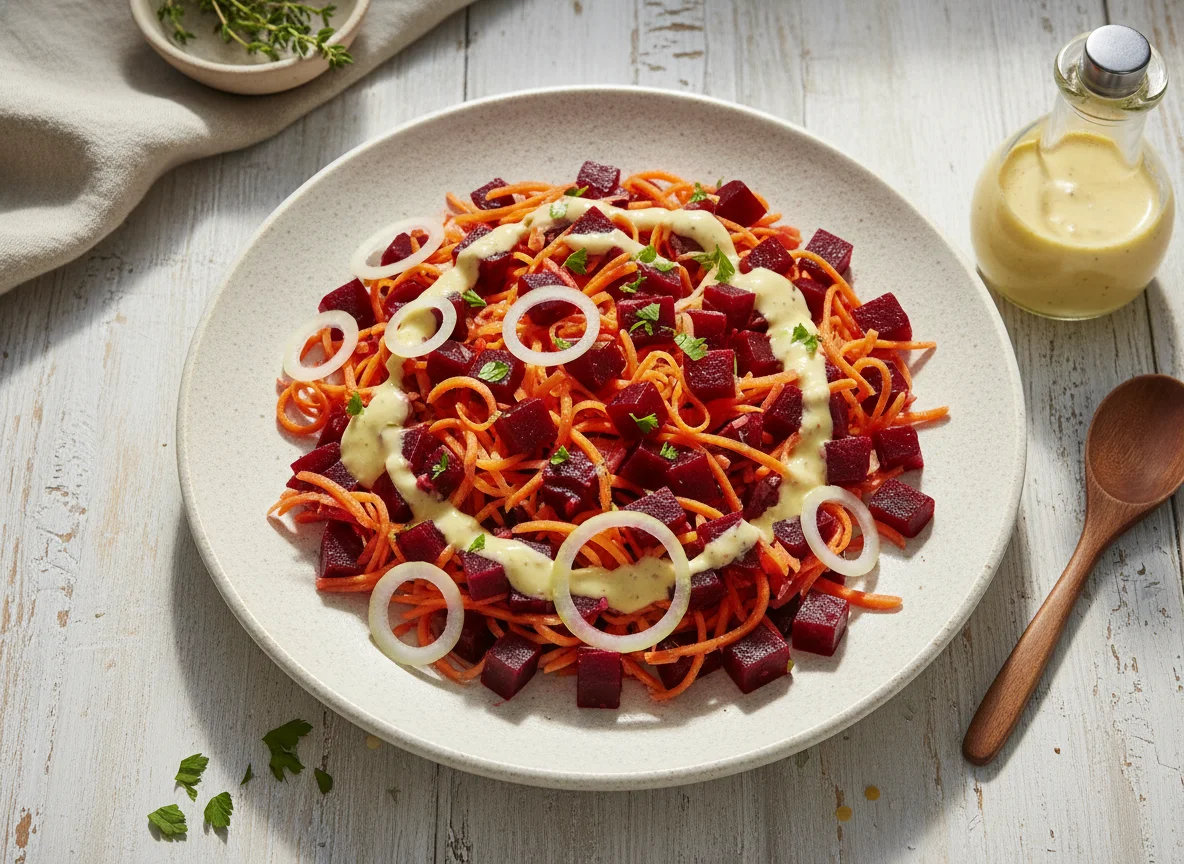 Ensalada de remolacha y zanahoria con vinagreta francesa photo