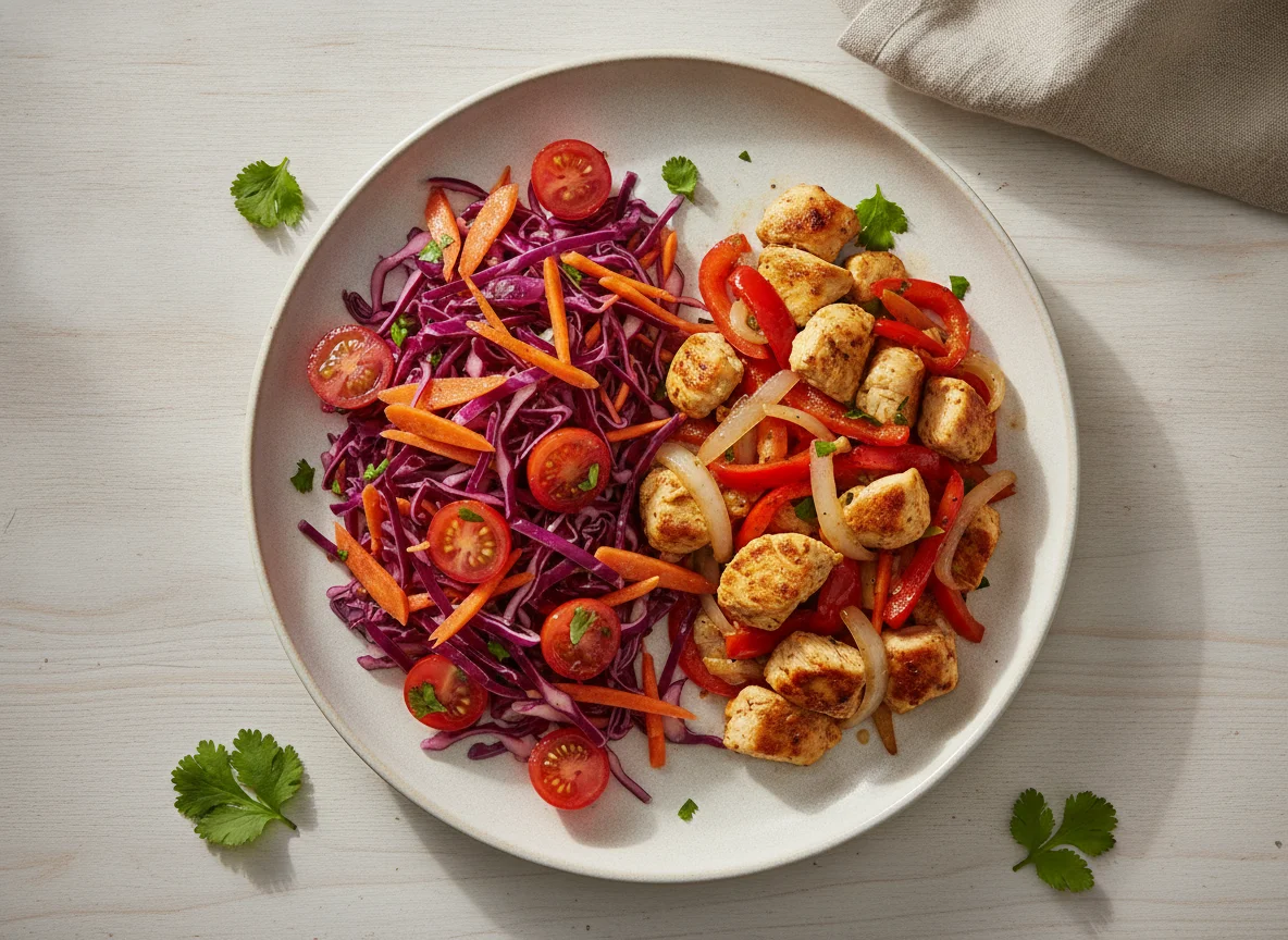 Ensalada de repollo colorado y salteado de pollo con vegetales photo