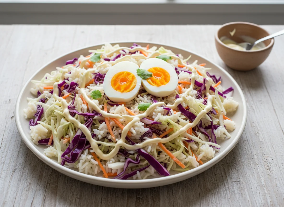 Ensalada de repollo con arroz y huevo photo