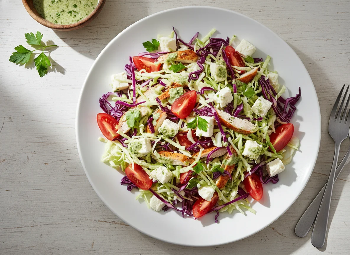 Ensalada de repollo con pollo y queso photo