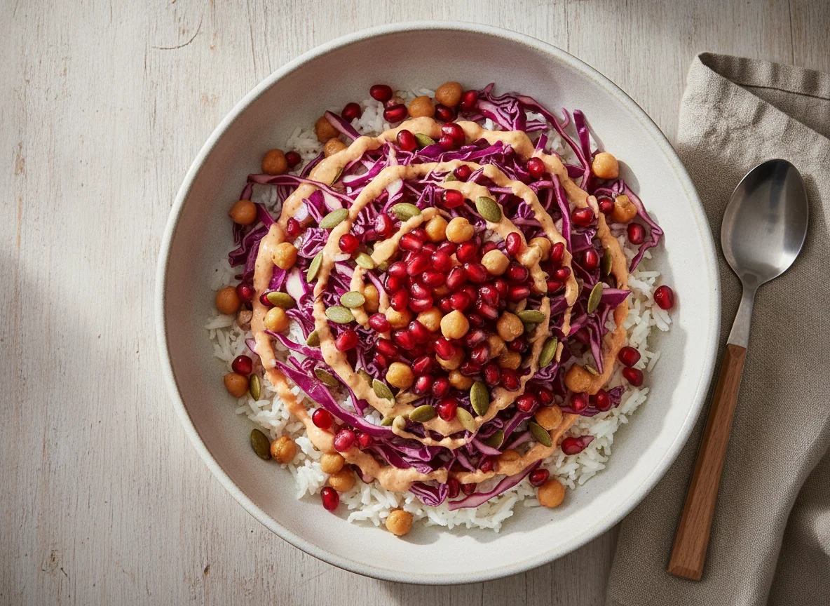 Ensalada de repollo morado con arroz y semillas photo