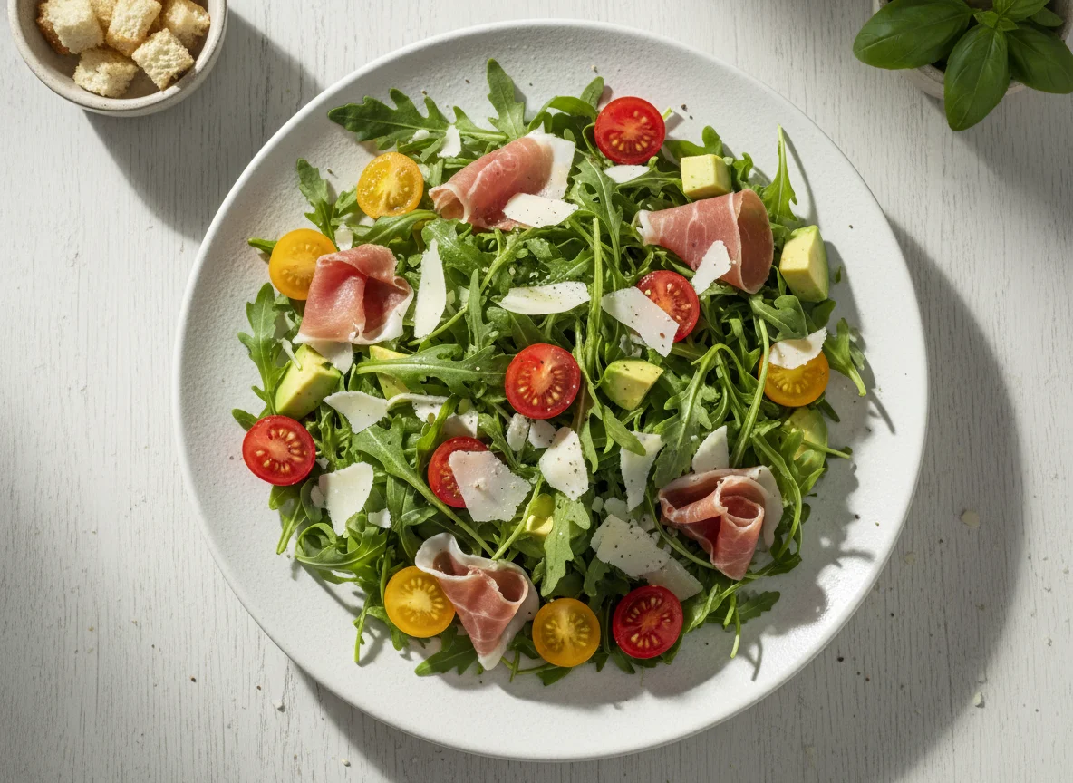 Ensalada de rúcula, palta, jamón crudo y queso photo