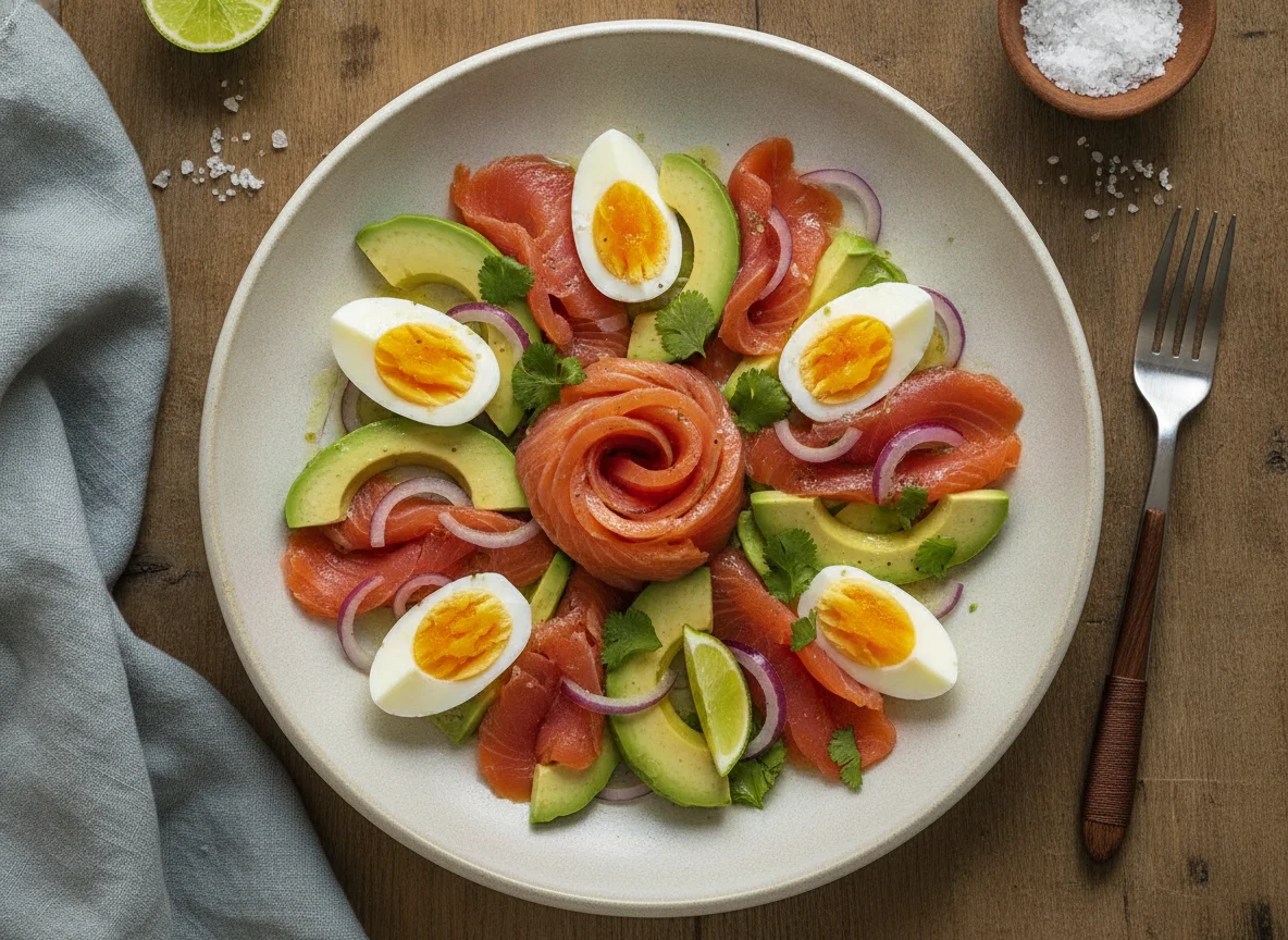 Ensalada de salmón, aguacate y huevo photo