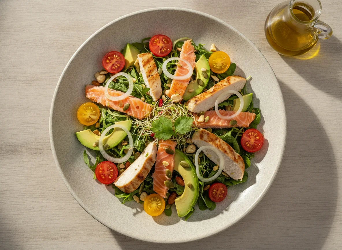 Ensalada de salmón, aguacate y pollo photo