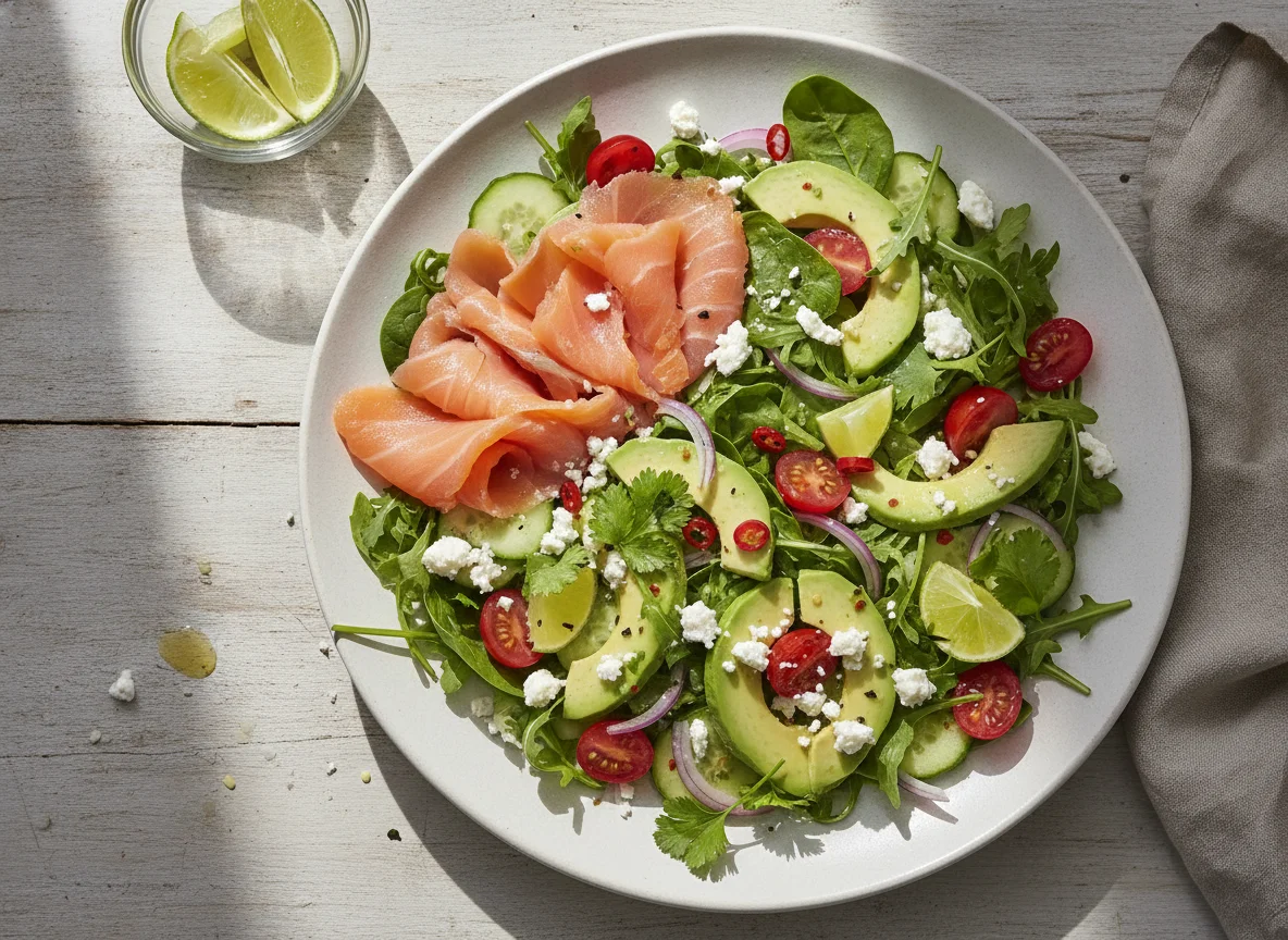 Ensalada de salmón, aguacate y queso feta photo