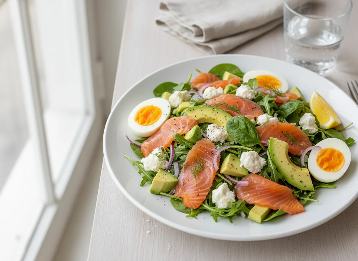 Ensalada de salmón, aguacate y queso fresco photo