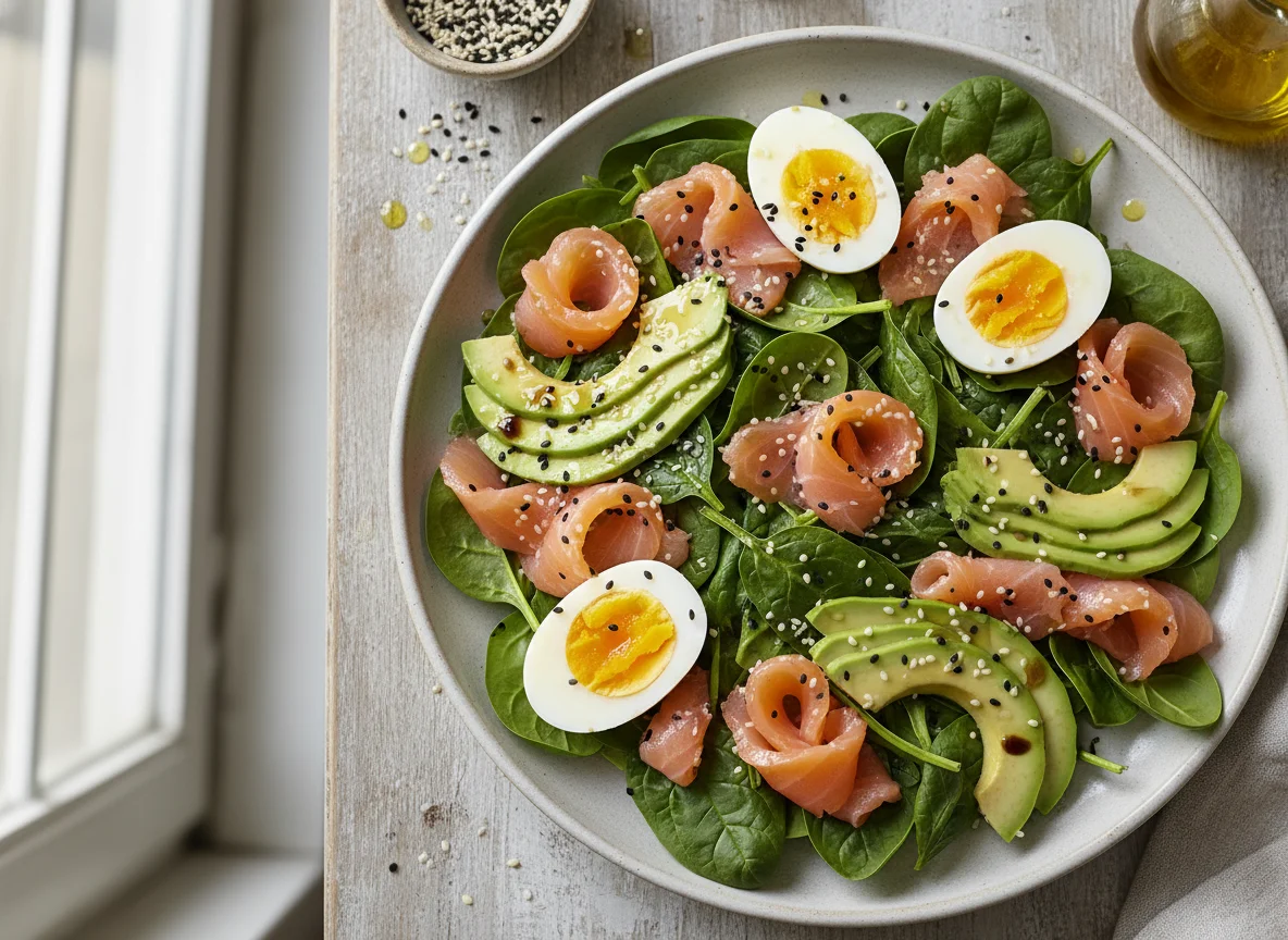 Ensalada de salmón ahumado con aguacate y espinacas photo