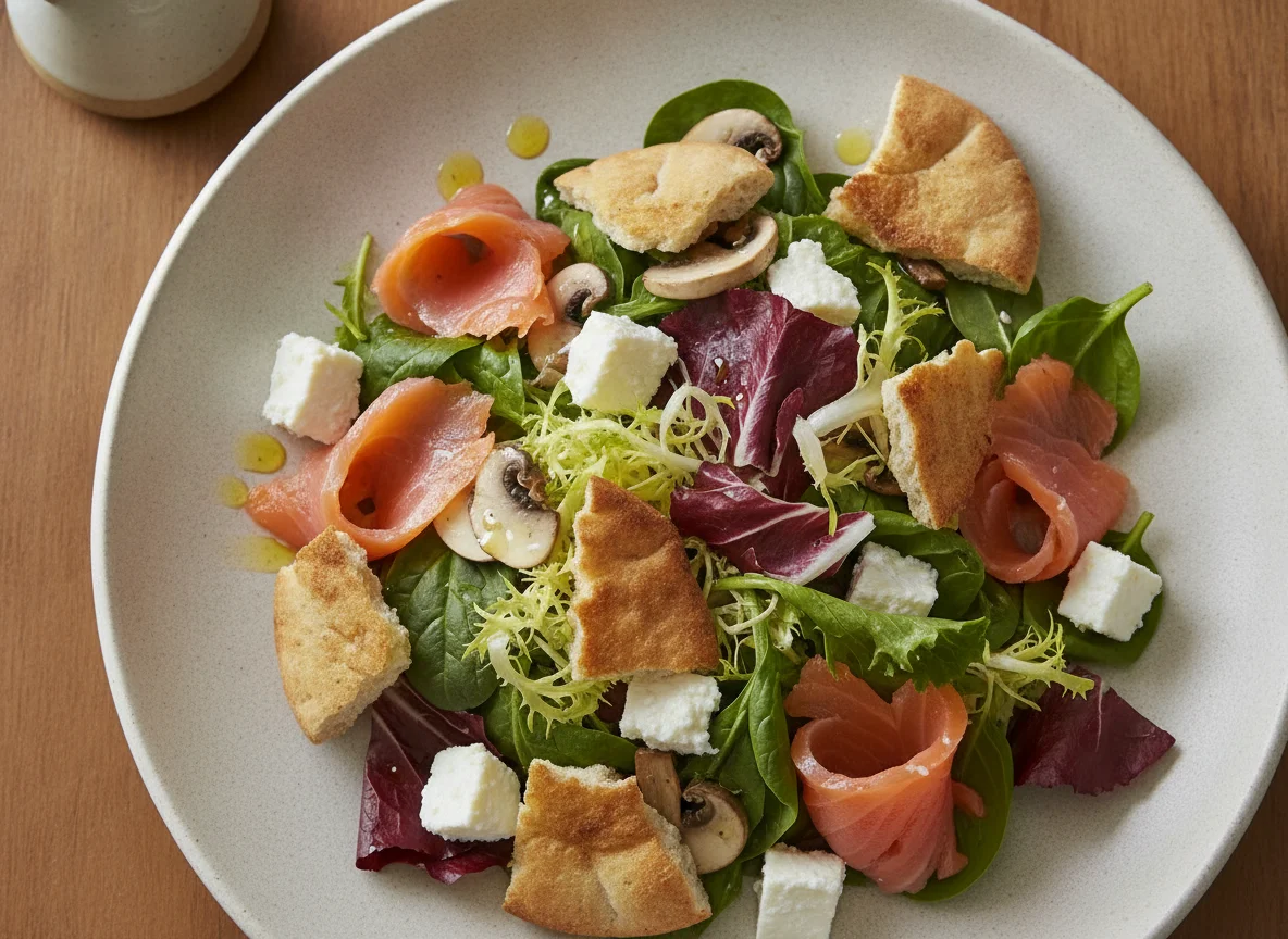Ensalada de salmón ahumado con queso y pan pita photo