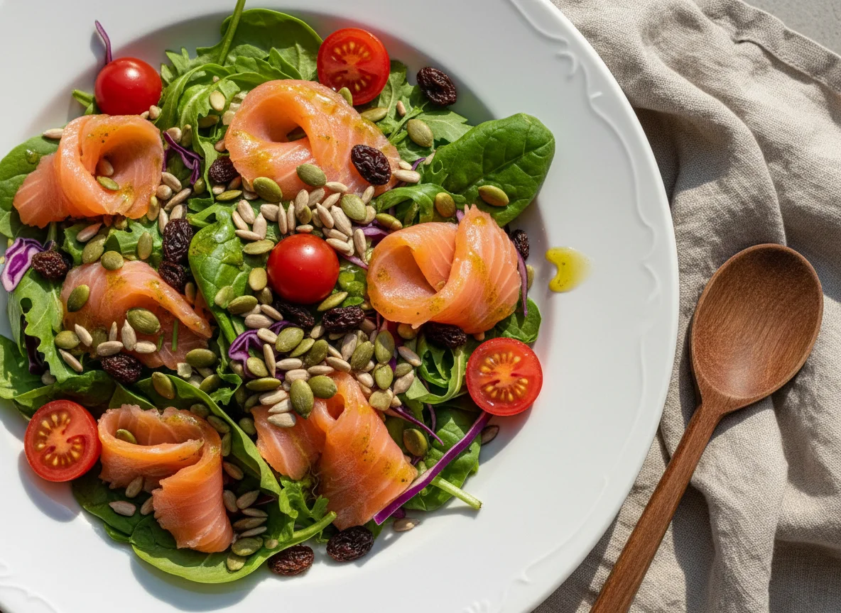 Ensalada de salmón ahumado con semillas y frutos secos photo