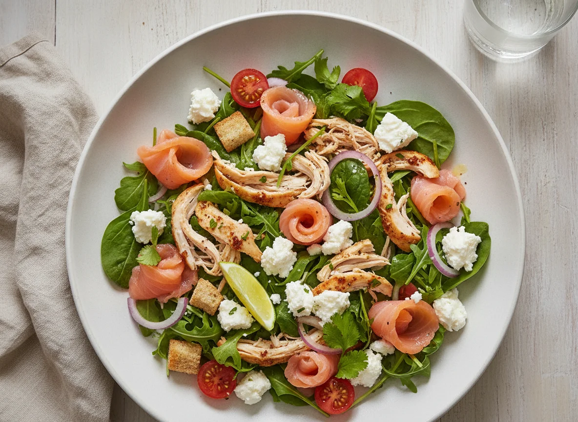 Ensalada de salmón ahumado, pollo desmenuzado y queso fresco photo