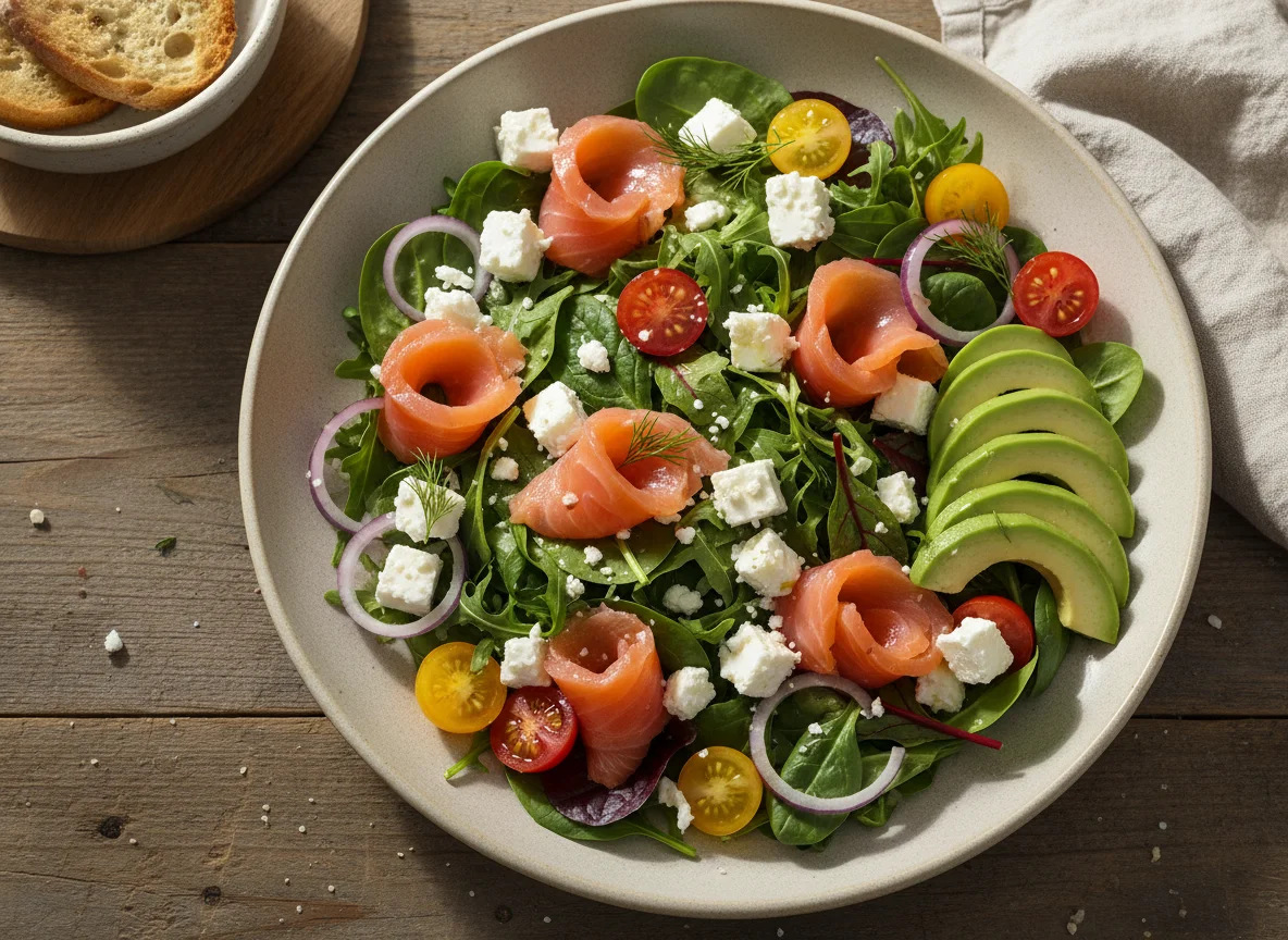Ensalada de salmón ahumado y queso feta photo