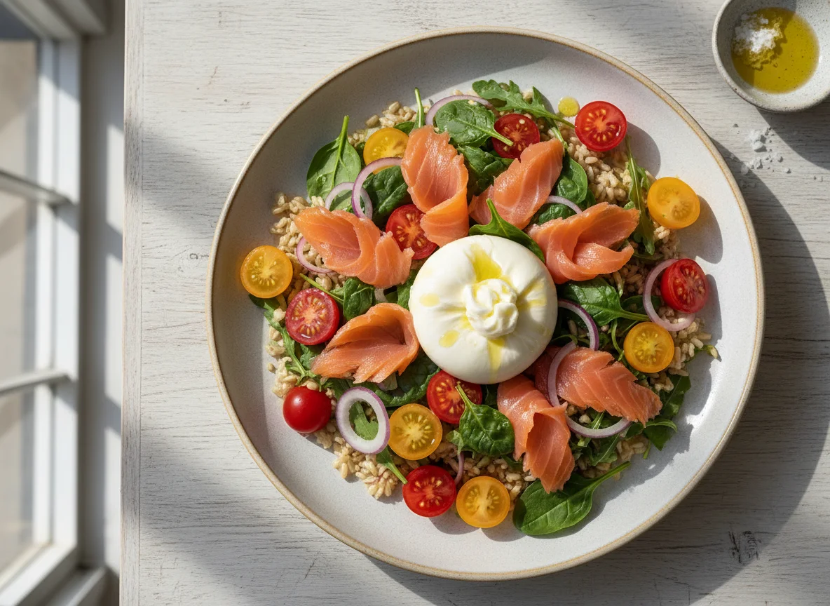 Ensalada de salmón, arroz integral y burrata photo