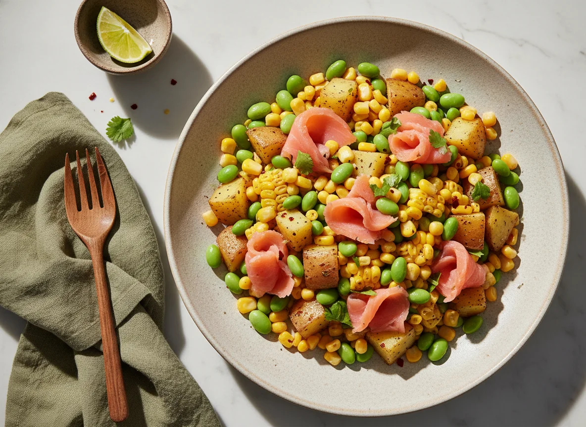 Ensalada de salmón, maíz, edamame y patatas photo