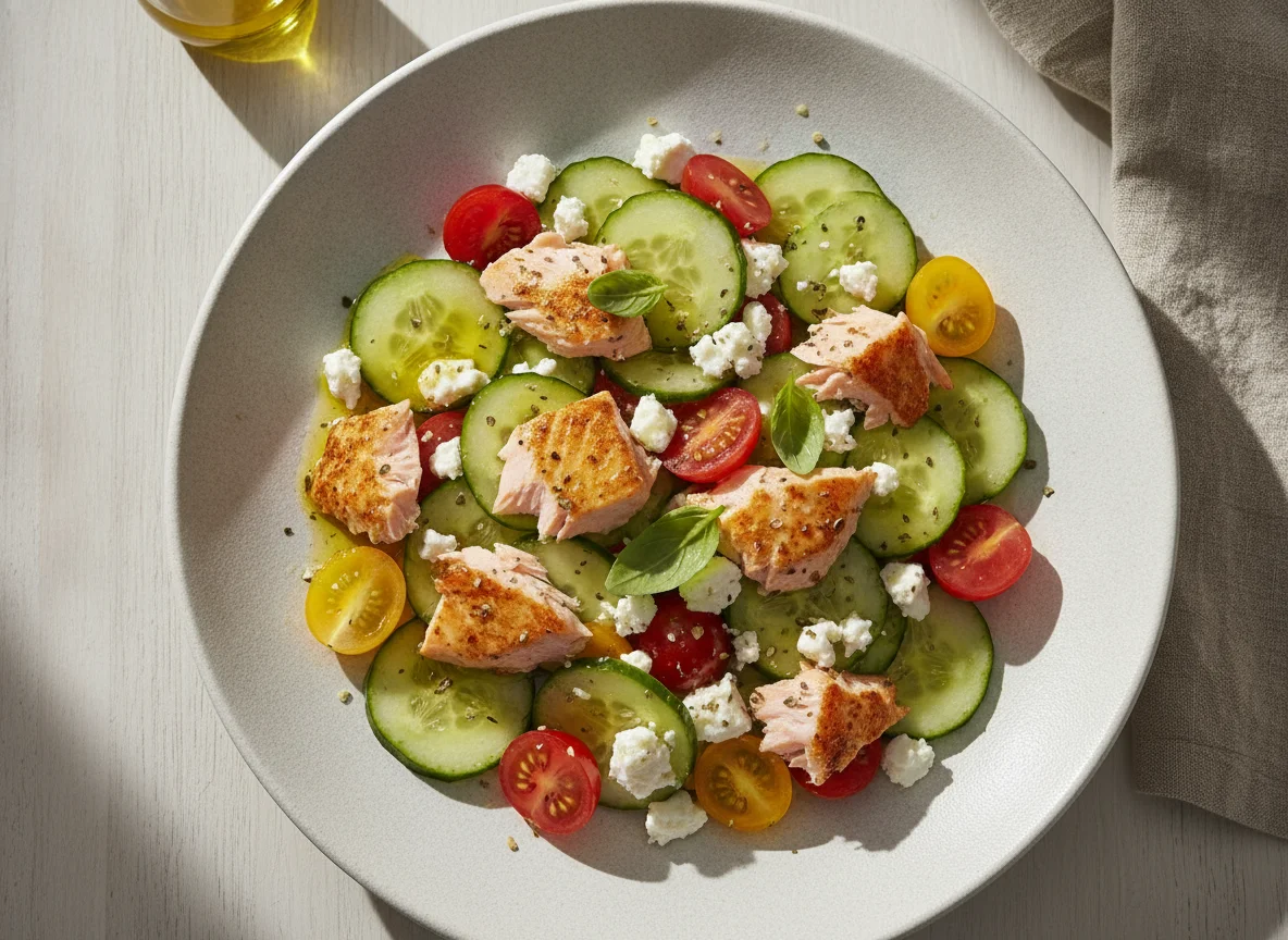 Ensalada de salmón, pepino y queso feta photo