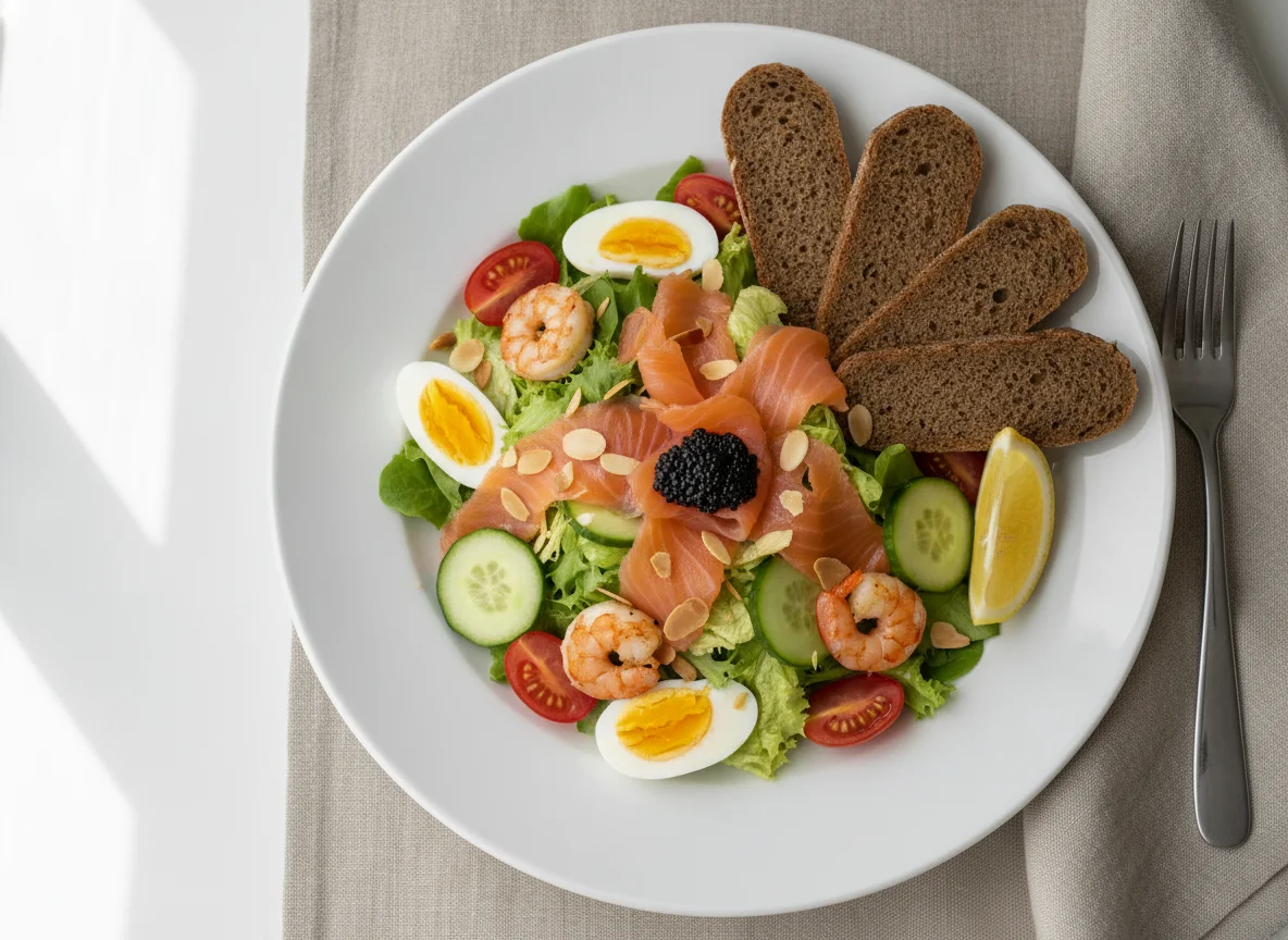 Ensalada de salmón y gambas con pan de centeno photo