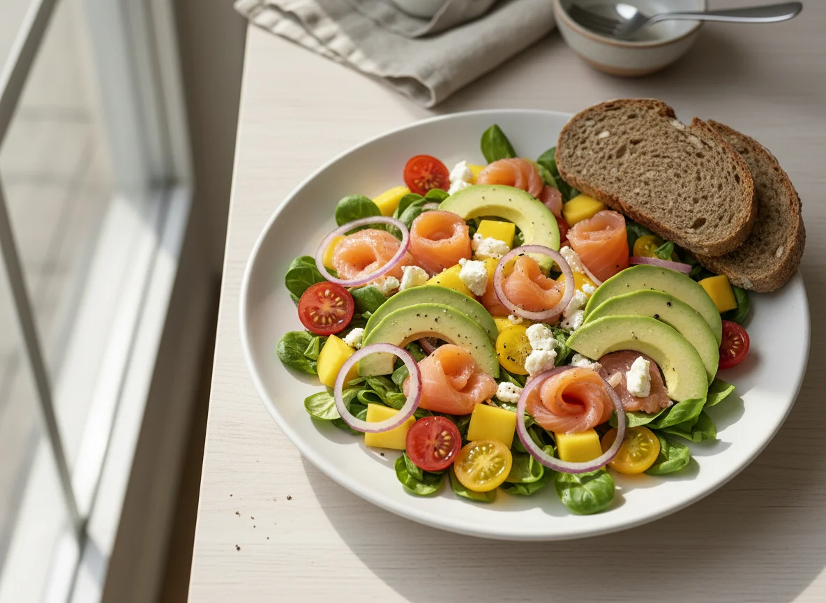 Ensalada de salmón y mango con aguacate photo