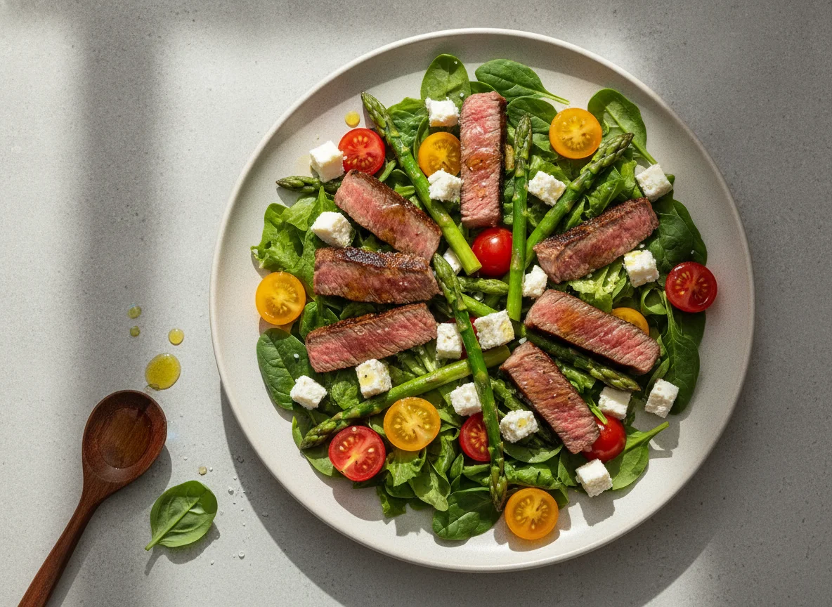 Ensalada de solomito con espárragos y tomates cherry photo