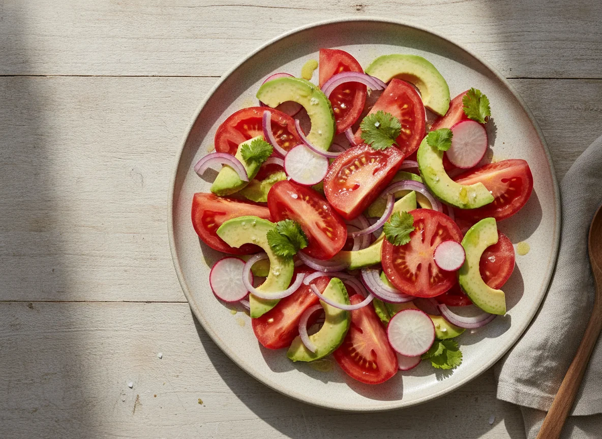 Ensalada de tomate, aguacate, cebolla y rábano photo
