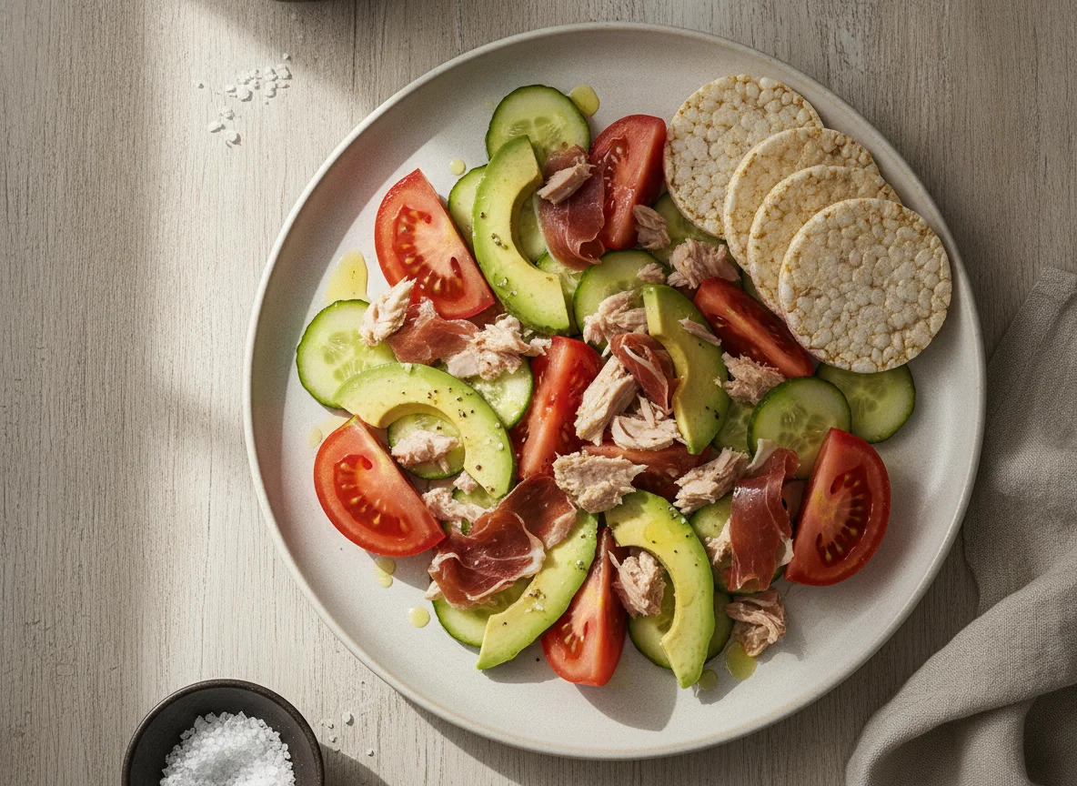 Ensalada de tomate, atún, aguacate y jamón con tortitas de arroz photo