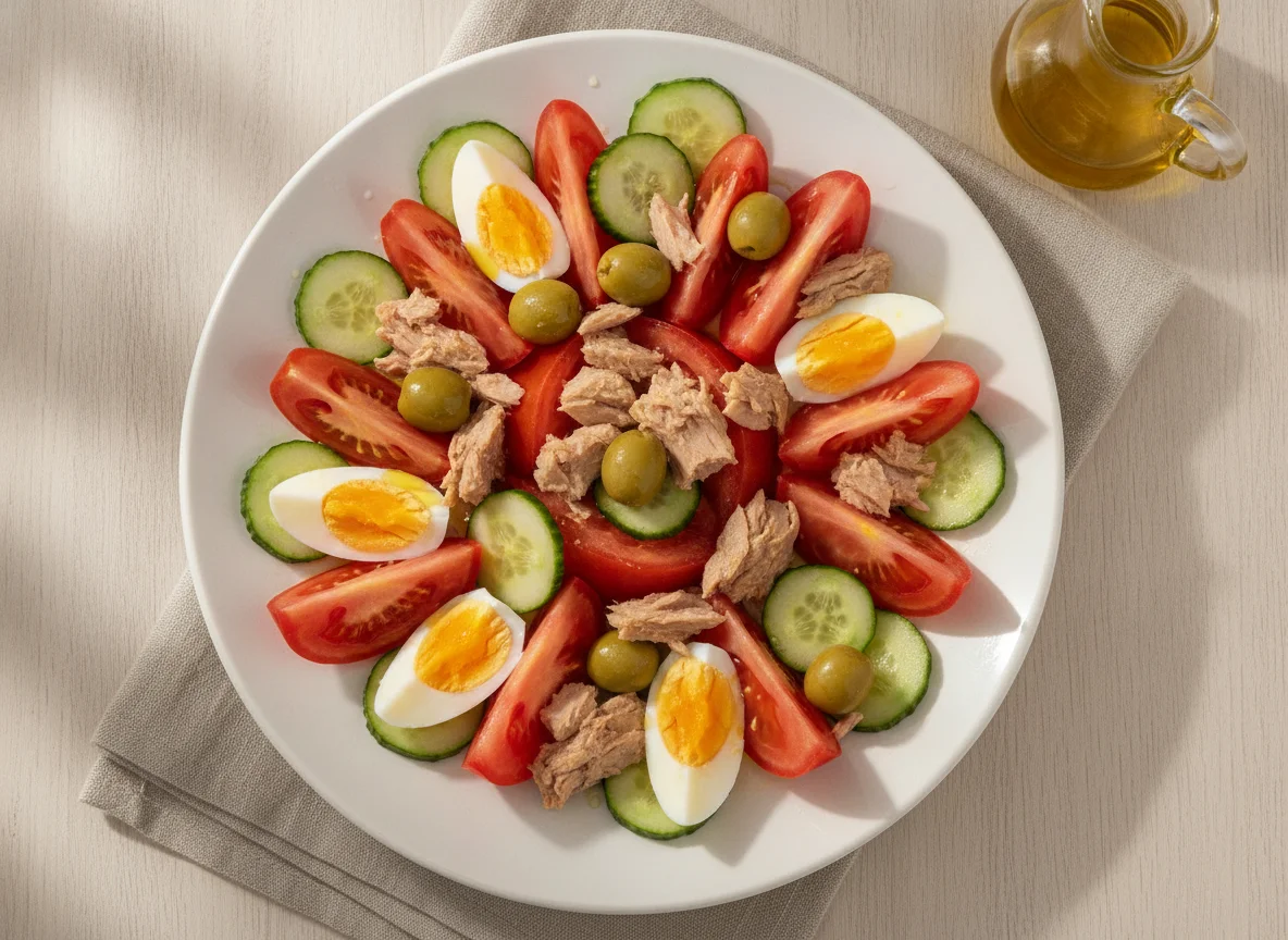 Ensalada de tomate, atún y aceitunas photo