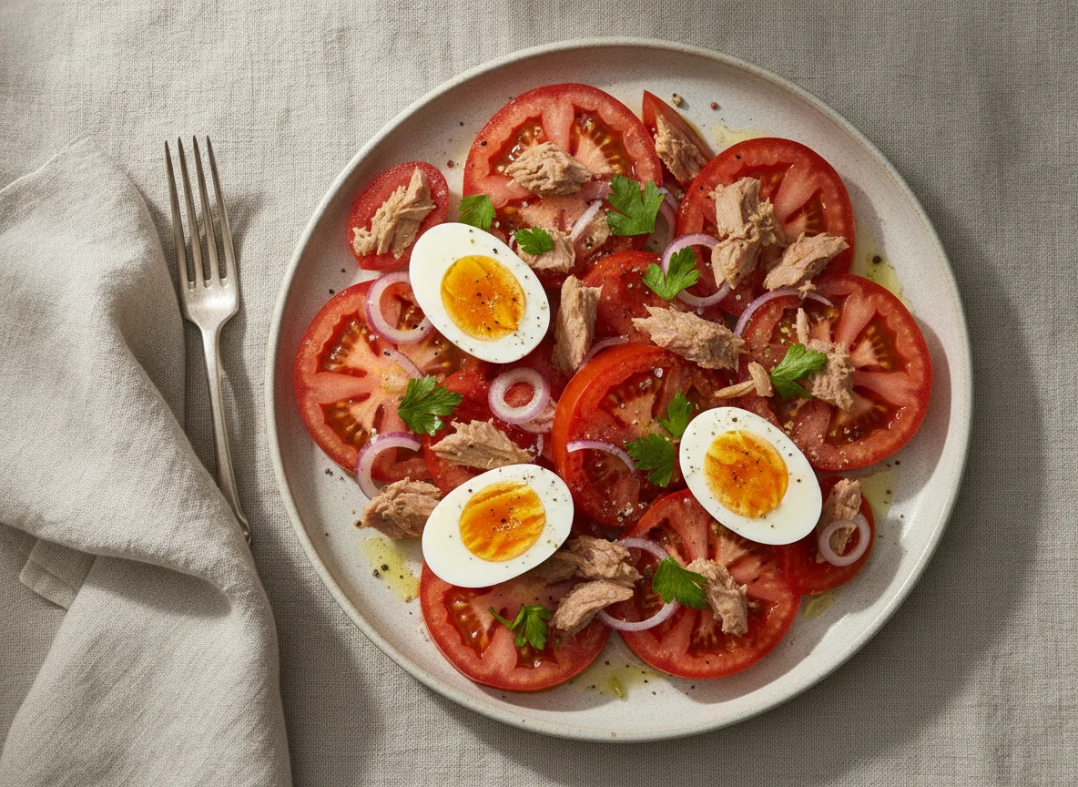 Ensalada de tomate, atún y huevo duro photo