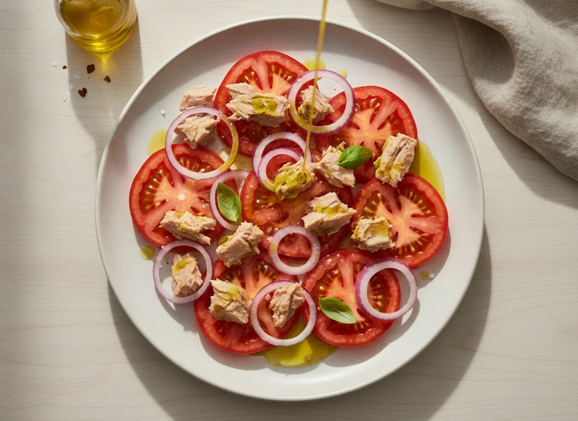 Ensalada de tomate, cebolla y atún photo