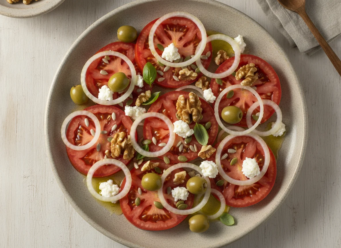 Ensalada de tomate, cebolla y frutos secos photo