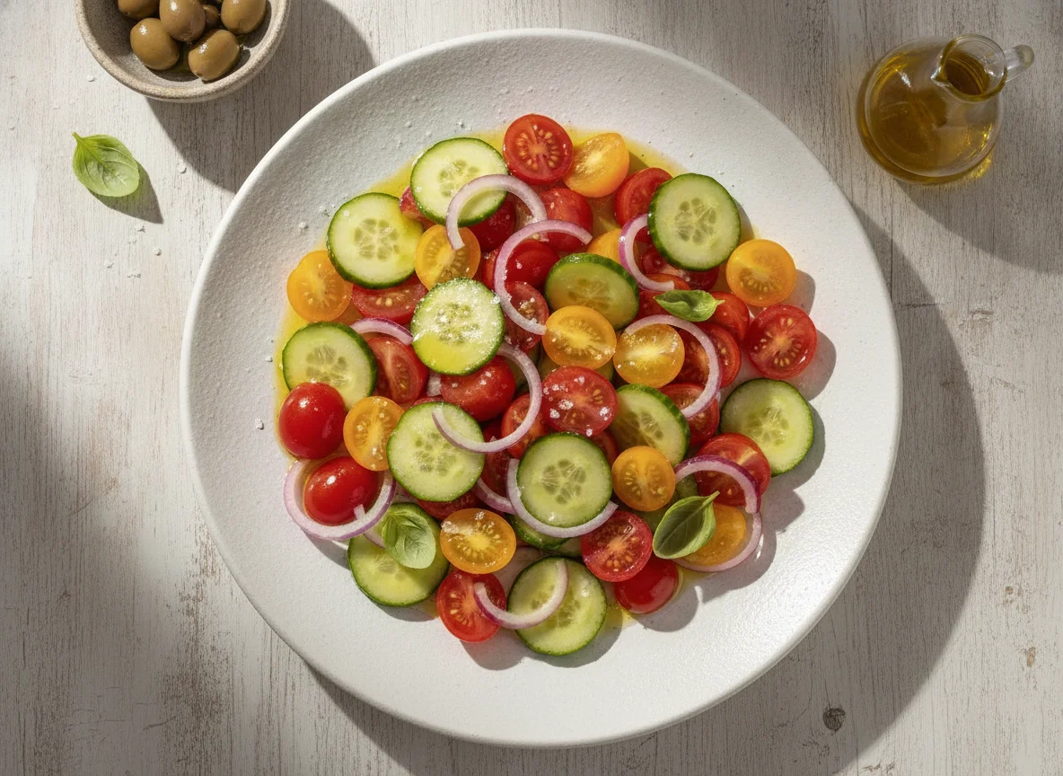 Ensalada de tomate cherry, pepino y cebolla photo