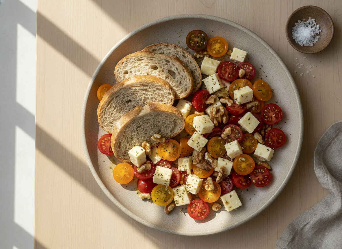 Ensalada de tomate cherry, queso y nueces con pan integral photo