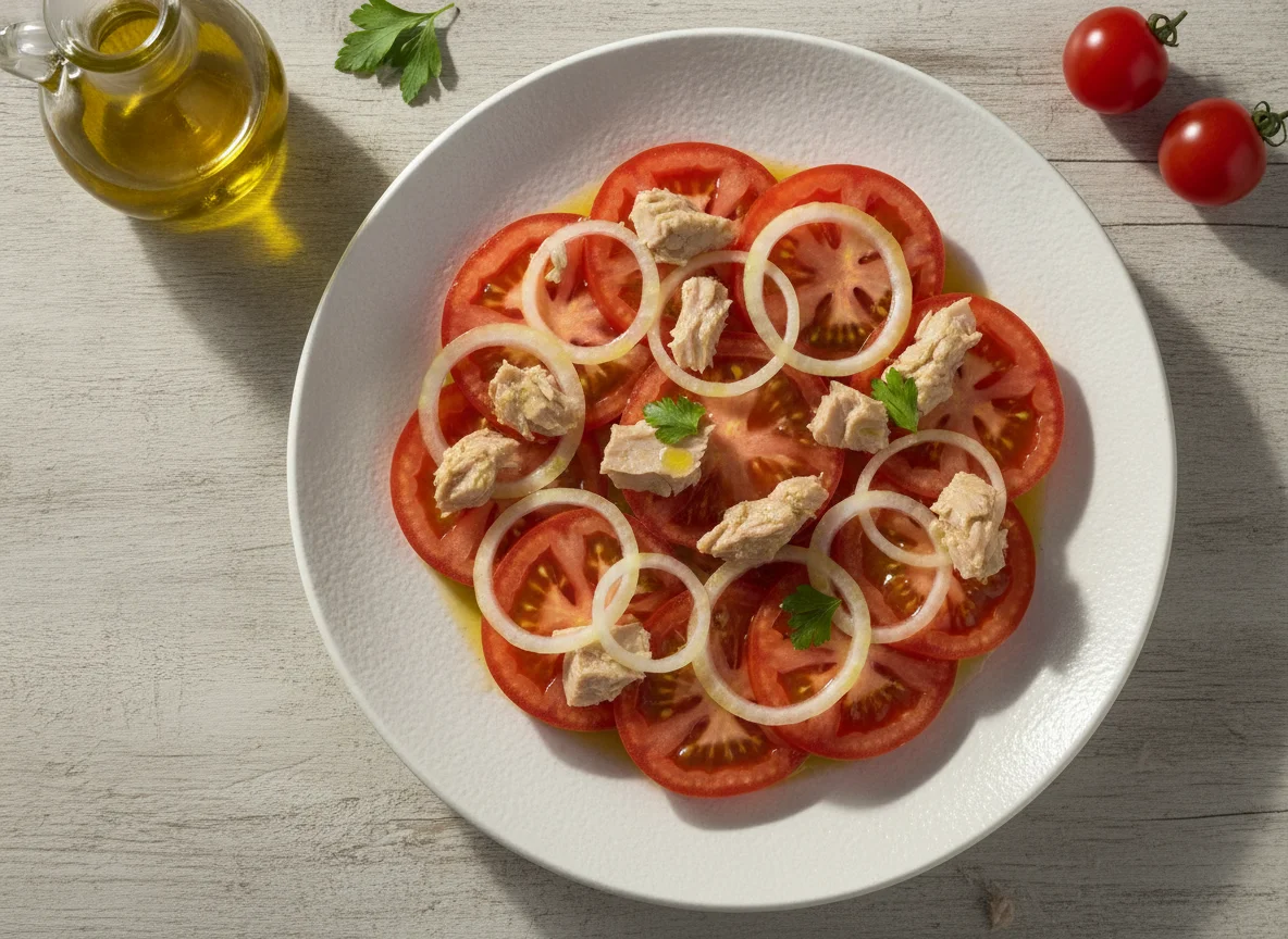Ensalada de tomate con atún y cebolla photo