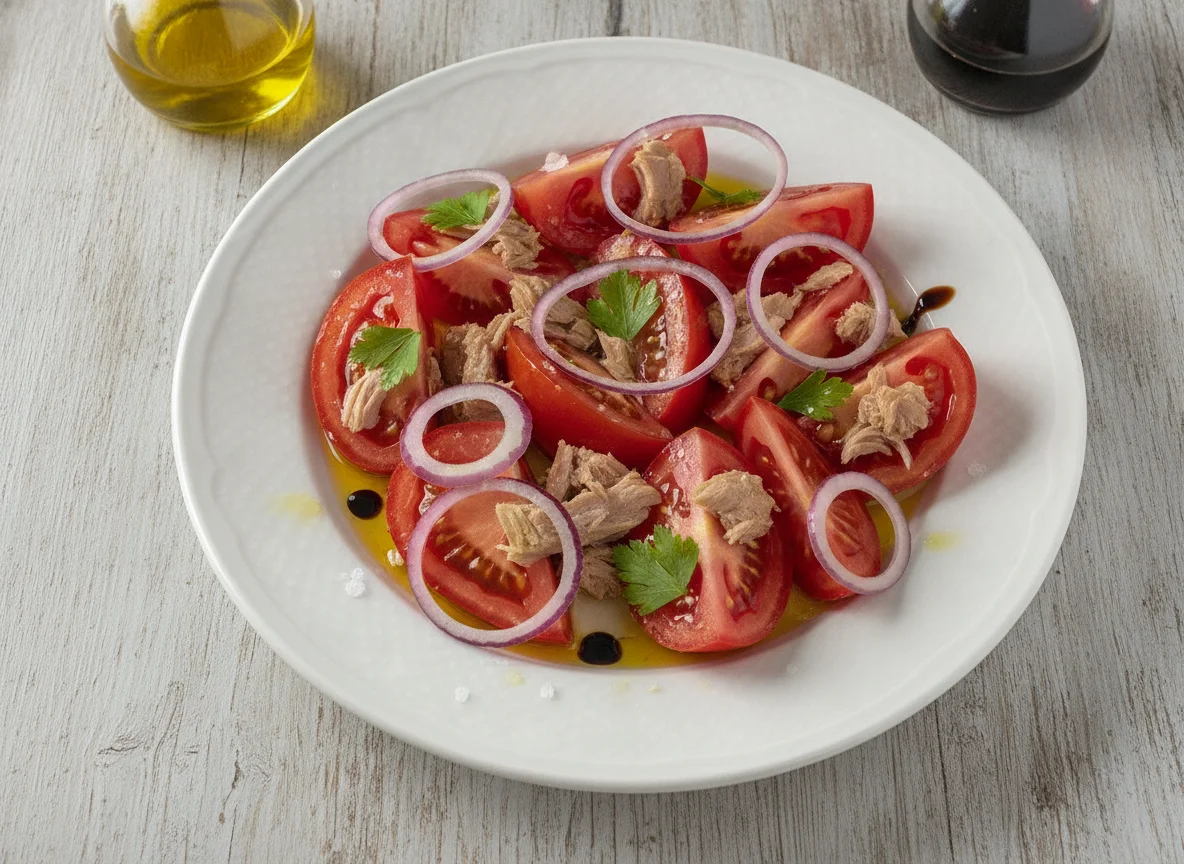 Ensalada de tomate con atún y cebolla roja photo