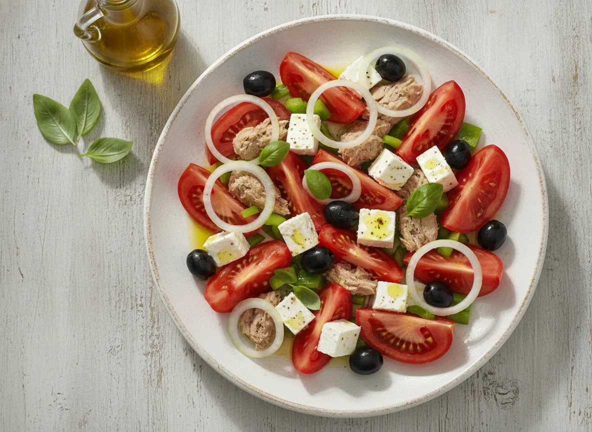 Ensalada de tomate con atún y queso feta photo