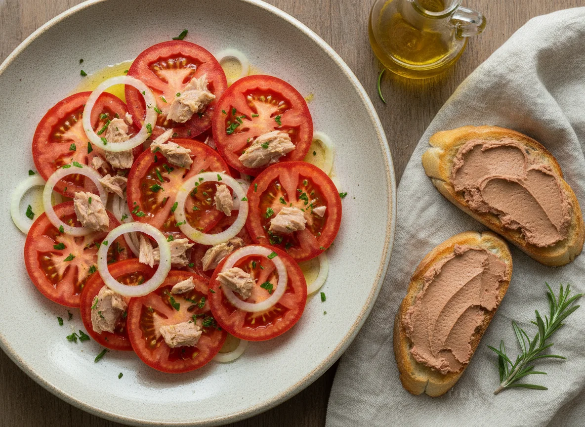 Ensalada de tomate con atún y tostas de paté photo